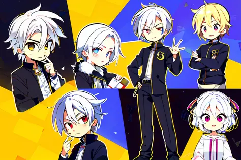 cute boy with golden eyes and white hair, pack of emojis, 9 emoticons, emoji sheet, multiple poses and expressions, anthropomorp...