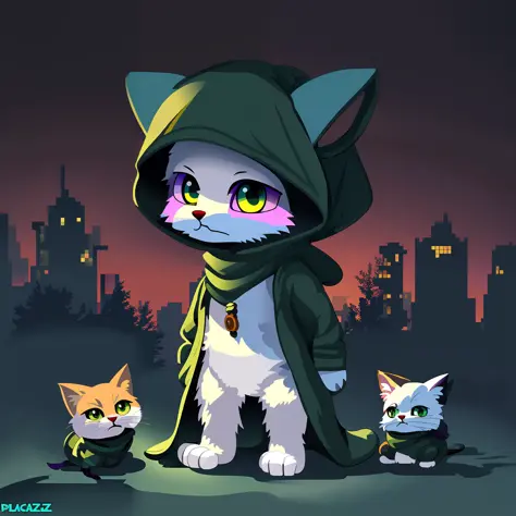 cartoon cat with hoodie and two cats in front of a city, advanced digital chibi art, trending on artstation pixiv, fursona art, ...