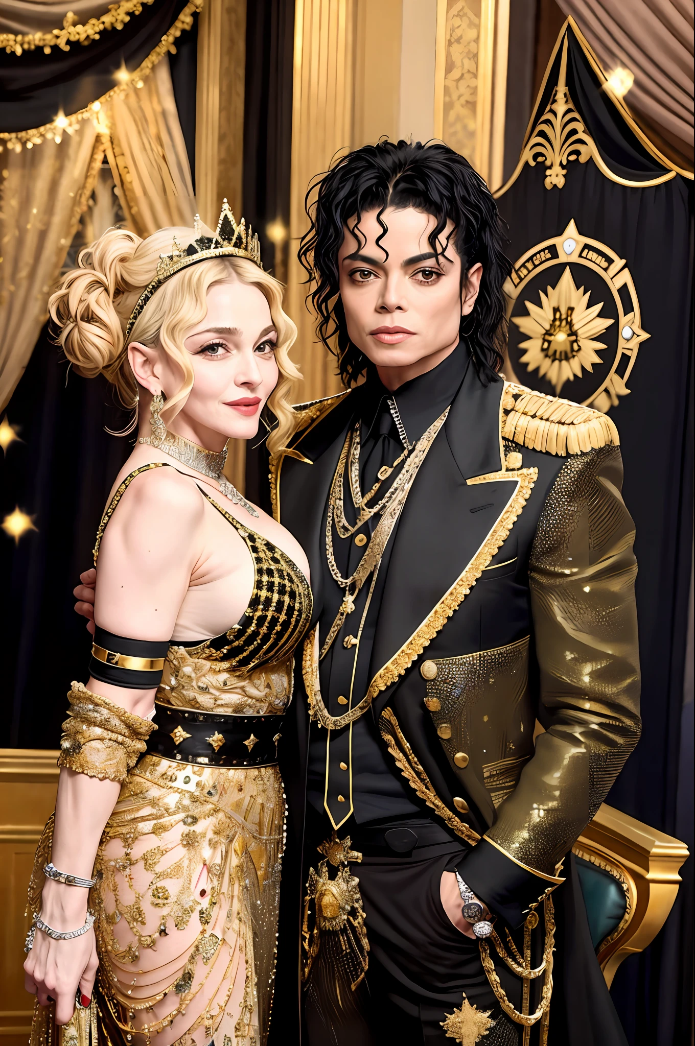 マドンナとマイケルジャクソンのサイドバイサイド, (写実的な: 1.4) (非常に詳細な) (全身), クラウン, ポップスター, 映画のシーン (黒と金), 輝く, 素晴らしさ, 富, 貴族, 王と女王