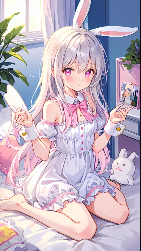 beautiful illustration, best quality, cute girl, bedroom, pastel color, fluffy bunny ears, petite, silver long hair, rabbit stuf...
