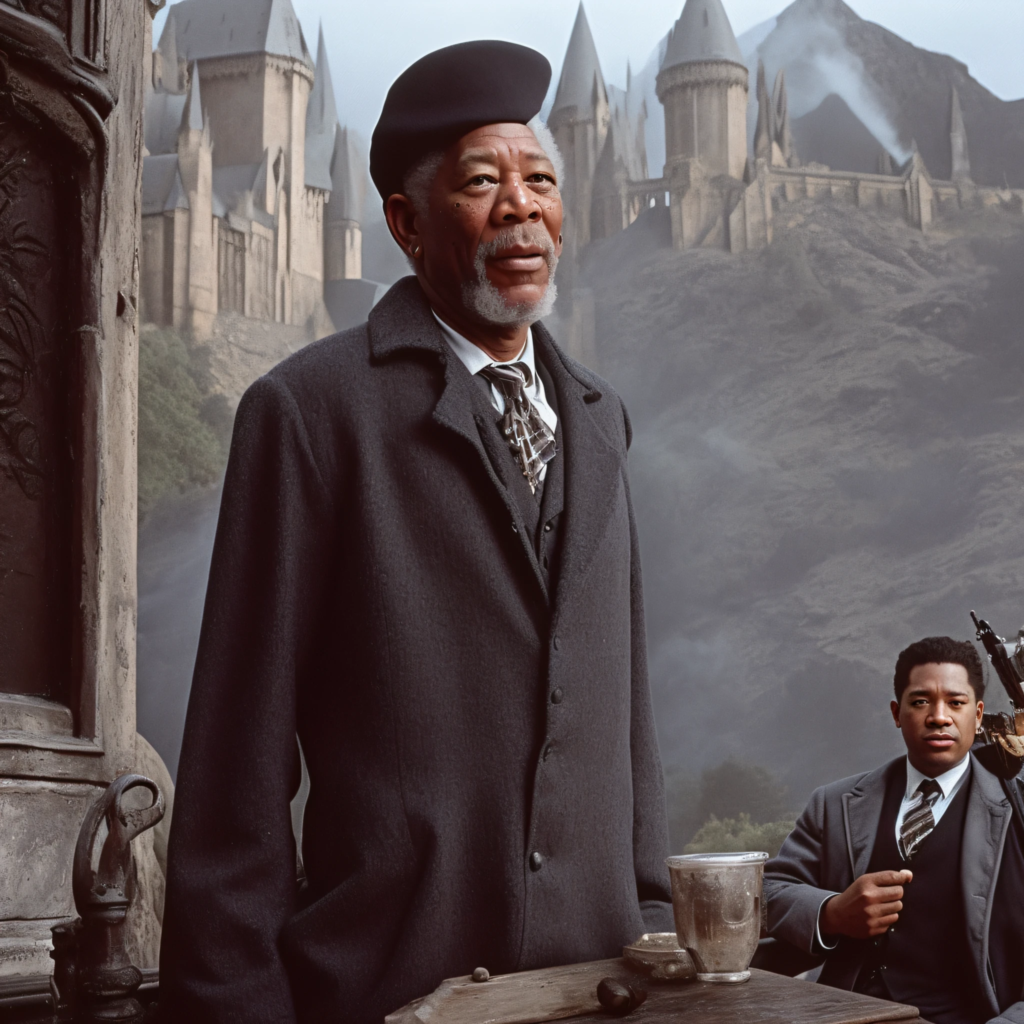 morgan freeman oily ( The basis of CRM interior coffee cafe at hogwarts) in the background, evil:.2, movie still,