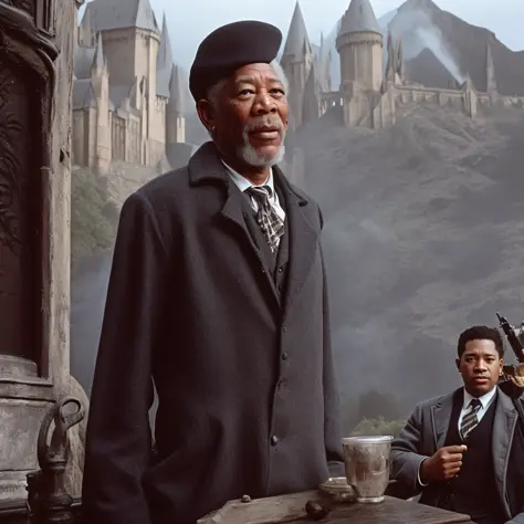 morgan freeman oily ( the basis of crm interior coffee cafe at hogwarts) in the background, evil:.2, movie still,