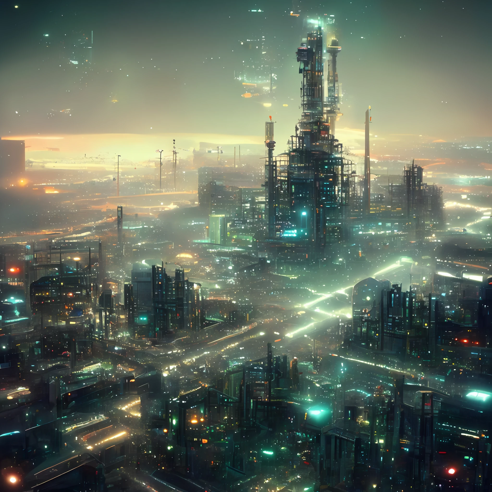 Digital ink, wide-angle lens, sci-fi city, cybercity, style from Jovian Society