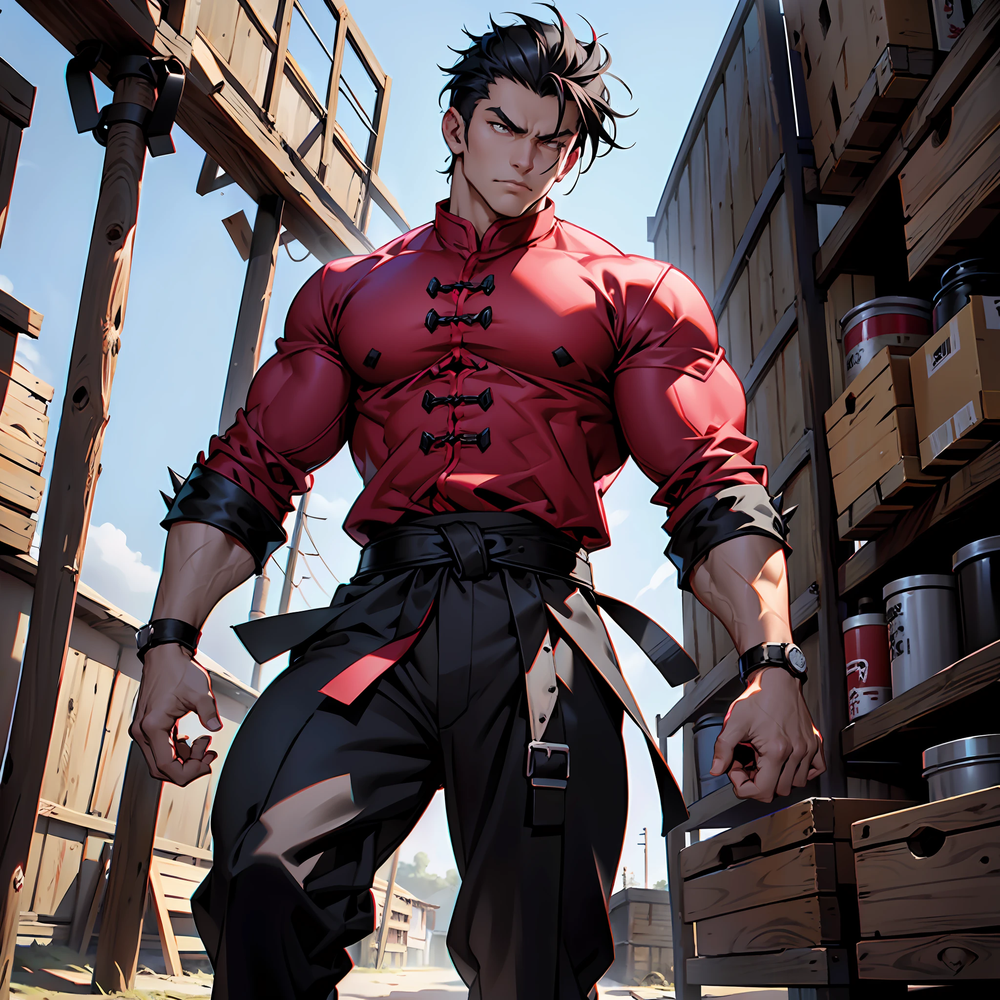 Anime character in red shirt and black pants holding a sword - SeaArt AI