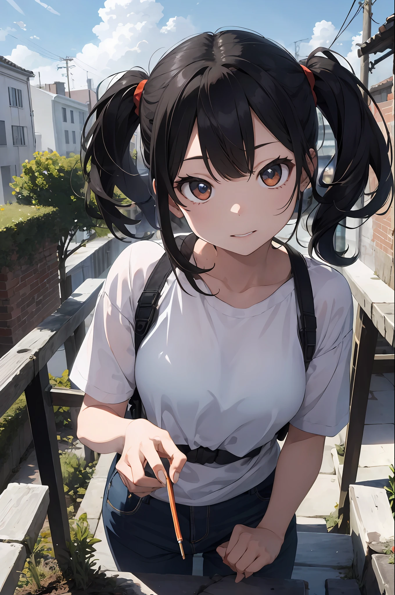 Anime girl with black hair and blue eyes standing on a balcony - SeaArt AI