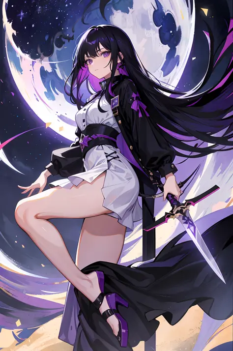 1girl, long black hair with purple locks, gray colored eyes, confident expression, holds a dagger, full moon background and starry night