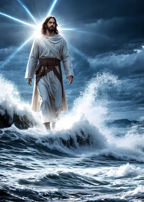 Jesus walking on water in a storm, gentle expression, streaks of light coming down from the sky, masterpiece, highest quality, high quality, highly detailed CG unit 8k wallpaper, award-winning photos, bokeh, depth of field, HDR, bloom, chromatic aberration...
