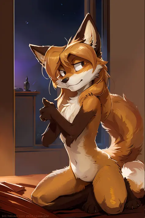 averi, fox girl, big chest, bedroom, mocking look, relaxed body, night, suggestive pose, sexy, sensual, detailed, uploaded to e621, beautiful and detailed portrait of a (((female))) anthropomorphic vixen, kenket, Ross Tran,ruan jia, uploaded to e621, zaush...