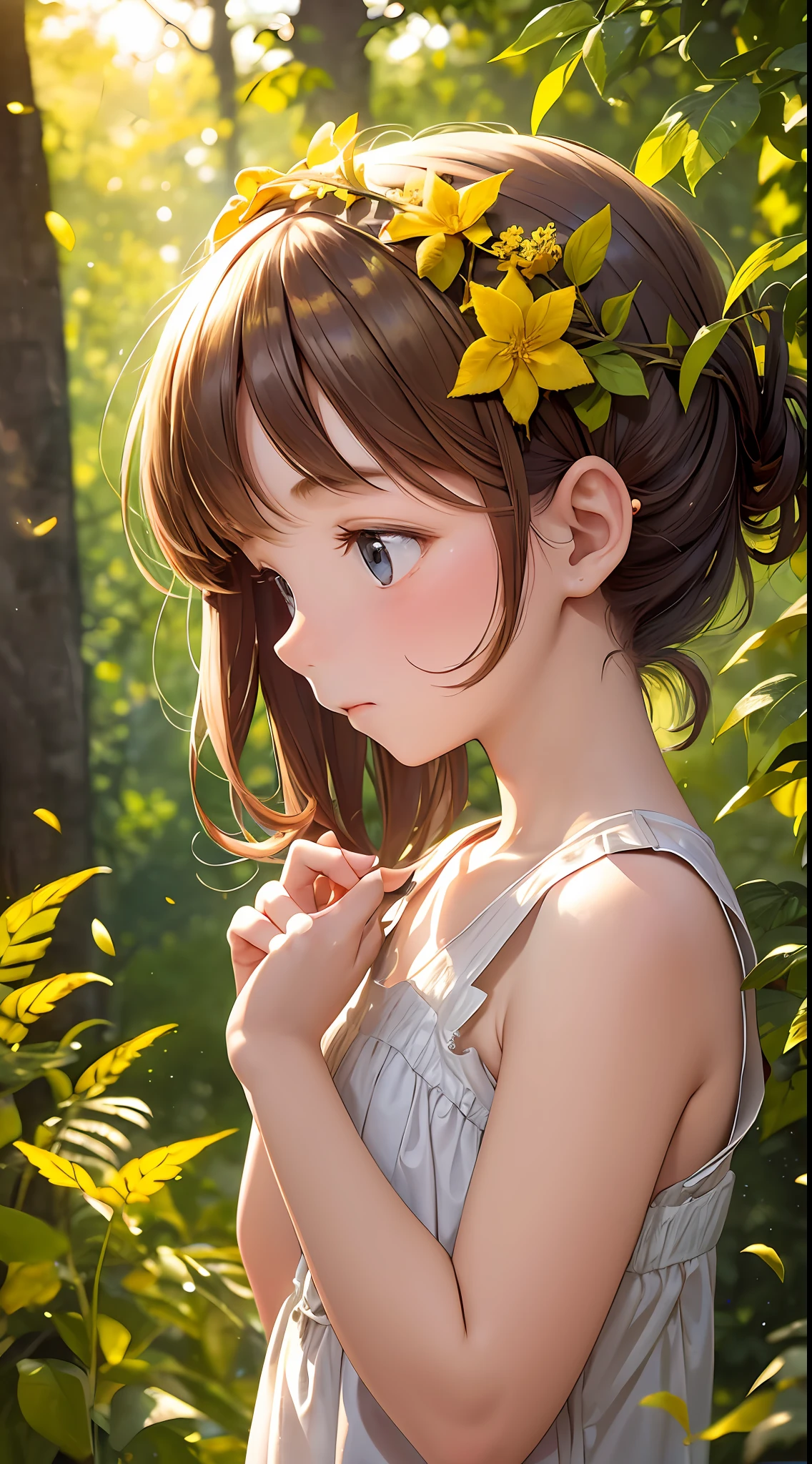 A serene image capturing a  with her hands in her pockets, waiting for her mother to come home. The warm, golden sunlight filters through the leaves overhead, casting dappled hues on the  and illuminating the scene. The background features a flowing, brightly colored dappled atmosphere, with golden flowers and ferns framing the silhouette of a house with soft, golden lights. soft focus, telephoto lens, warm color palette --auto --s2