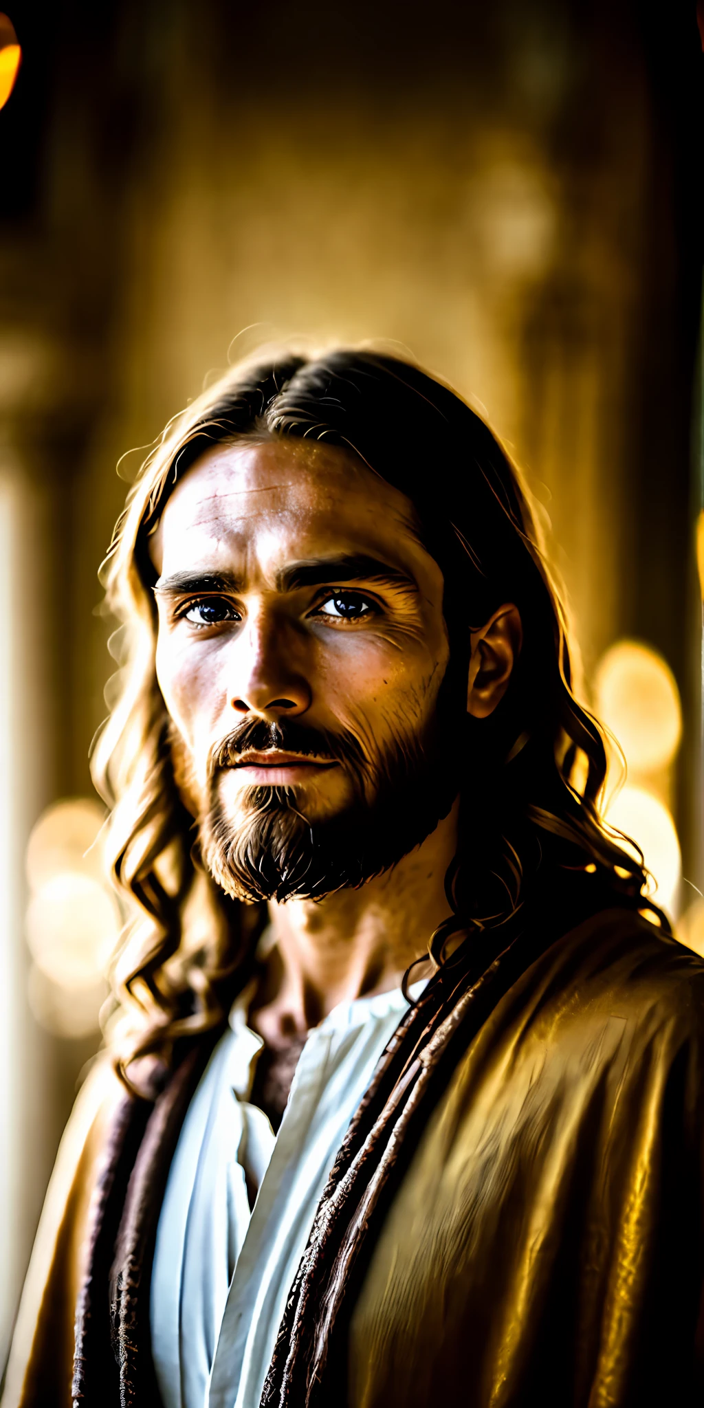 biblical jesus portrait, cinematic lighting, depth of field, bokeh, realism, photorealistic, hyperrealism, professional photography, uhd, dslr, hdr