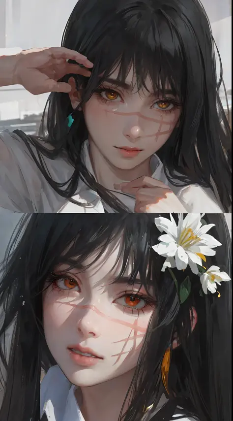 photorealistic, lip gloss, painting, realistic, best quality, ultra high resolution, depth, pastel color, natural shading, focus on face, face only, looking at viewer, long hair, hair accessory, black hair, brown and well-detailed eyes, uniform