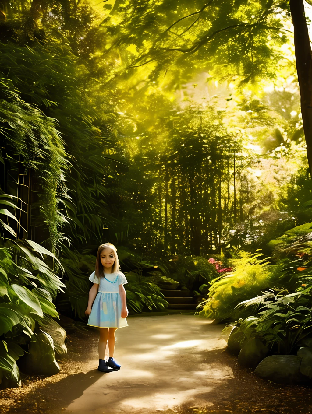 A serene image capturing a little girl with her hands in her pockets, waiting for her mother to come home. The warm, golden sunlight filters through the leaves overhead, casting dappled hues on the child and illuminating the scene. The background features a flowing, brightly colored dappled atmosphere, with golden flowers and ferns framing the silhouette of a house with soft, golden lights. soft focus, telephoto lens, warm color palette