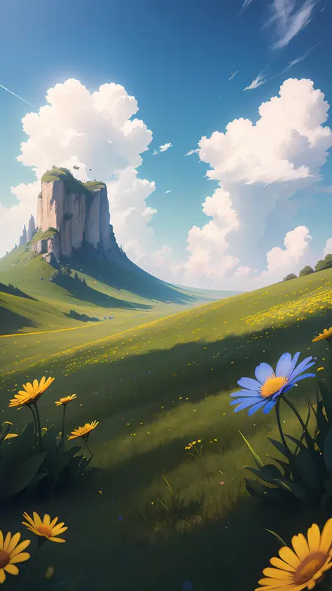 Summer, meadows, a few small flowers, heavenly views, large clouds, blue skies, hot weather, HD detail, wet watermarks, hyper-detail, cinematic, surrealism, soft light, deep field focus bokeh, ray tracing, and surrealism. --v6