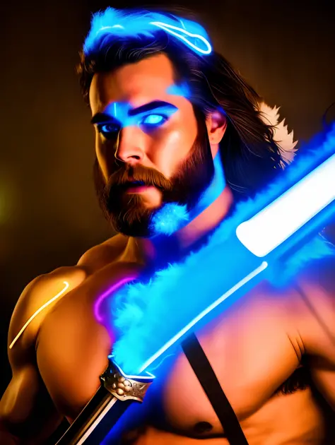 A close up photo of handsome very strong Man Warrior with (glowing neon blue sword:1.2) (in hand:1.2), struggling to remain relevant in age-old battles, with tears in his eyes, screaming, (fur:1.2), (hairy man:1.2), realistic motion action photo, (((hdr)))...