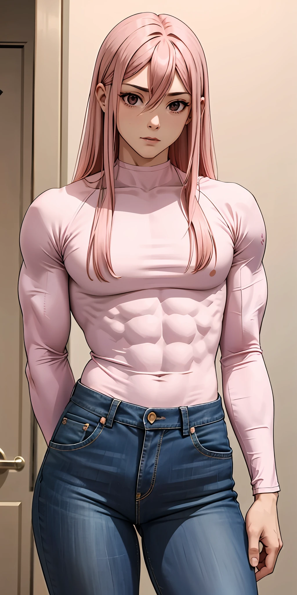 Boy, male body, adult, girl face, seductive face, seductive look, long pink hair, perfect body, fit body, fulfilled sleeve shirt, muscular, small chest, jeans with pretuberance, pretuberance, sissy, femboy