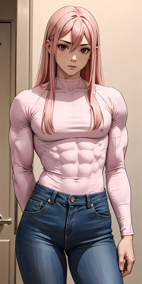 Boy, male body, adult, girl face, seductive face, seductive look, long pink hair, perfect body, fit body, fulfilled sleeve shirt...