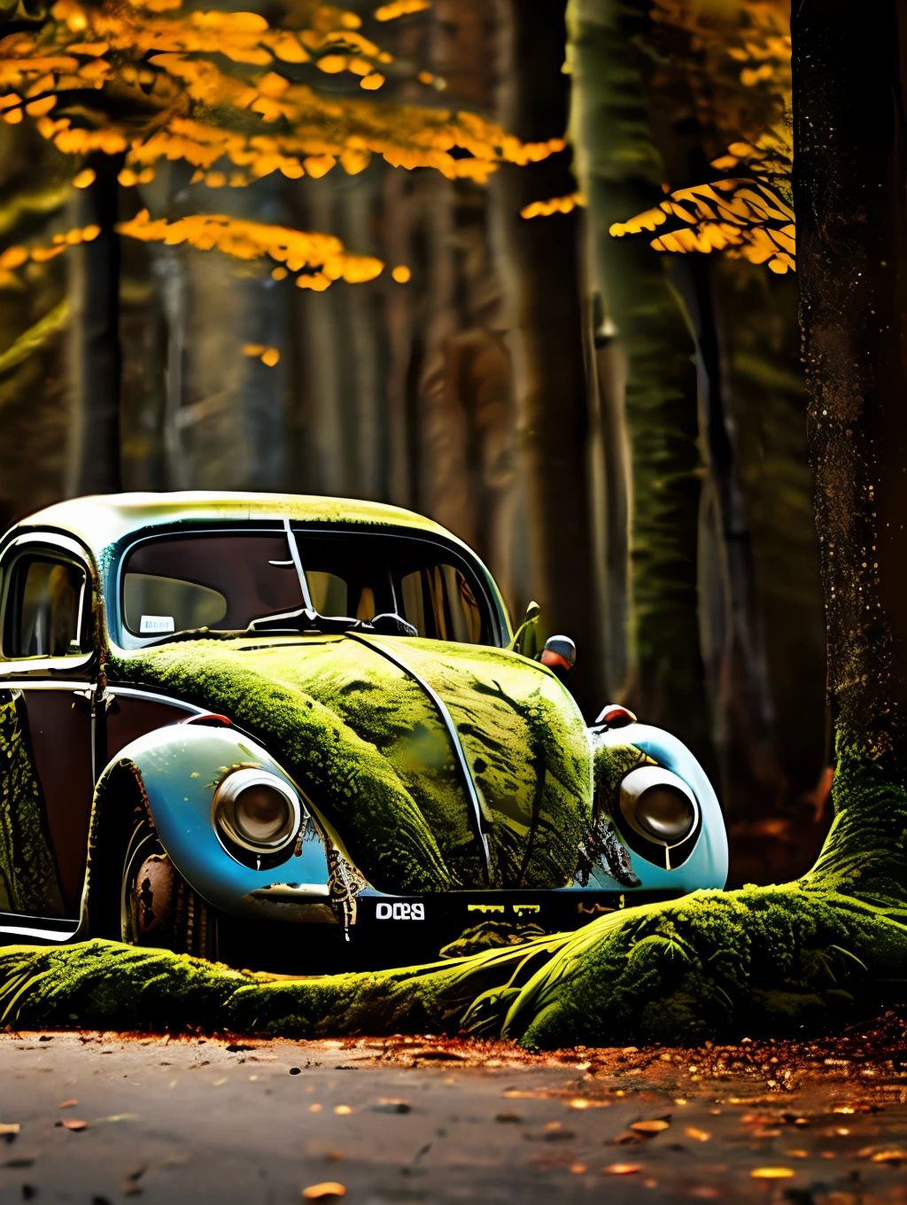 Una imagen inquietante de un escarabajo VW en descomposición, Sus restos parcialmente deteriorados cubiertos de musgo y líquenes. El grande, retorcido, leaf-shaped structures beneath the insect resemble retorcido rope, y el bosque circundante está bañado en un cálido, luz dorada. El sol proyecta un cálido resplandor sobre la escena, iluminando las hojas en descomposición, resaltando el color vivo y la textura de la madera en descomposición. velocidad de obturación rápida, Amplia apertura, luz baja