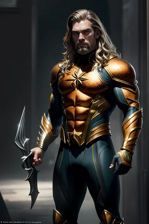 (8k, RAW photo, best quality, masterpiece: 1.2), ultra detailed, authorial art, photo-realistic: 1.37, upper body shot, ((original uniform: 1.2)), model, marvel aquaman, film grain, action pose, a perfect face, 40 years, intricate details, diffused light, ...