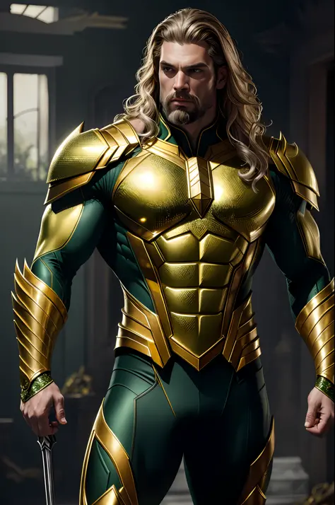 (8k, RAW photo, best quality, masterpiece: 1.2), ultra detailed, authorial art, photo-realistic: 1.37, upper body shot, ((green and gold uniform: 1.2)), model, marvel aquaman, film grain, action pose, a perfect face, 40 years, intricate details, diffused l...