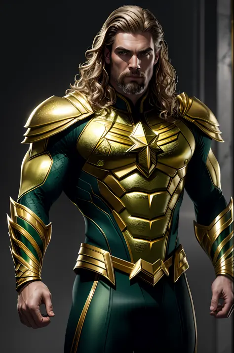 (8k, RAW photo, best quality, masterpiece: 1.2), ultra detailed, authorial art, photo-realistic: 1.37, upper body shot, ((green and gold uniform: 1.2)), model, marvel aquaman, film grain, action pose, a perfect face, 40 years, intricate details, diffused l...