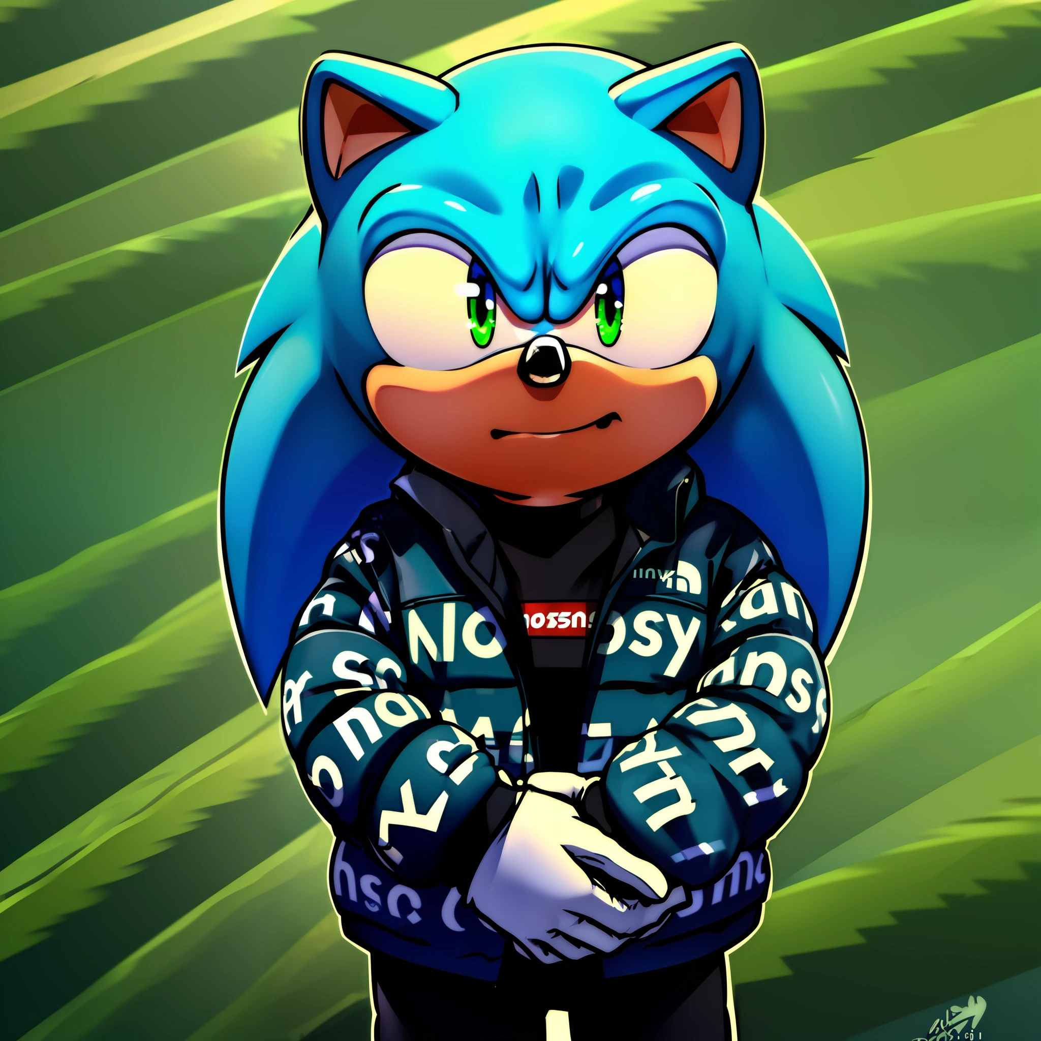 (masterpiece, best quality: 1.2), solo, male focus, sonic The hedgehog, serious, mouth shut, looking at the viewer, own hands together, dripjacket, ultra detailed, wearing white gloves, detailed dripjacket, 8K, cute, ultra detailed Sonic,