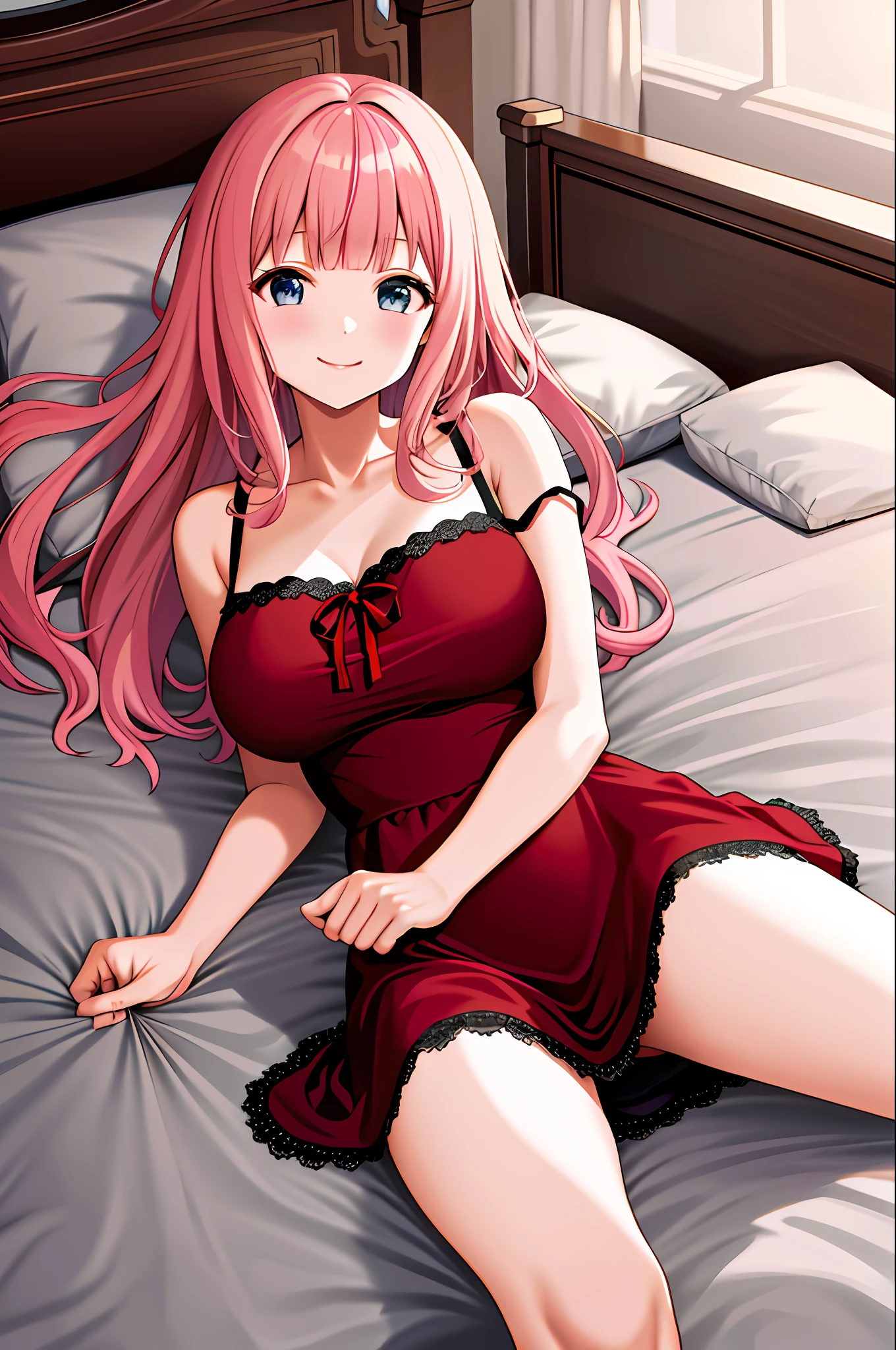 Anime girl in red dress laying on bed with white sheets - SeaArt AI