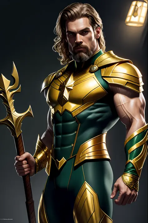 (8k, RAW photo, best quality, masterpiece: 1.2), ultra detailed, authorial art, photo-realistic: 1.37, upper body shot, ((green and gold uniform: 1.2)), with golden trident in hand, model, marvel aquaman, film grain, action pose, a perfect face, 40 years, ...
