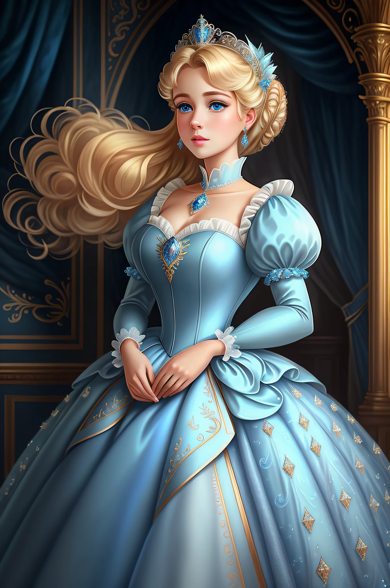 best quality, ((masterpiece)), portrait, Cinderella dressed in a stately and elaborate ballgown with huge puffed sleeves, ((perfect face)), elaborately curled and styled blonde hair, blue eyes (perfect eyes)
