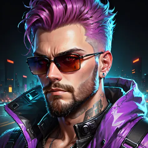 a man with a beard and sunglasses, cyberpunk art, funk art, stunning gradient colors, stylized portrait h 704, pompadour, twitch streamer, cold colors. insanely detailed, t-800, no watermark signature, in rich color, outrun