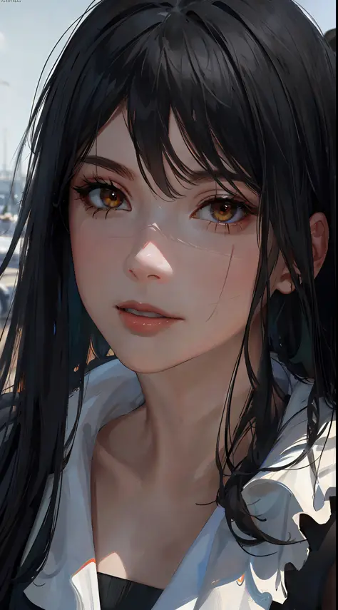 photorealistic, lip gloss, realistic, best quality, ultra high resolution, depth, pastel color, natural shading, focus on the face, just the face, looking at the viewer, long hair, black hair, brown and well-detailed eyes, black dress, gloves, anatomically...