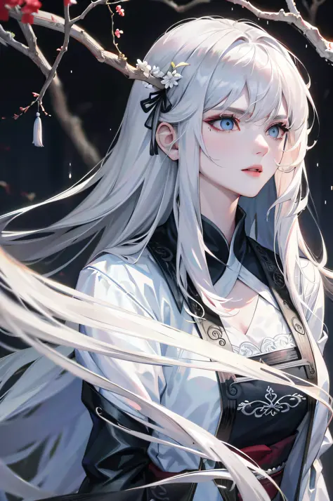 Masterpiece, Superb Class, Night, Outdoor, Rainy Day, Branches, Chinese Style, Ancient China, 1 Woman, Mature Woman, Silver-White Long-Haired Woman, Gray-Blue Eyes, Pale Pink Lips, Indifference, Seriousness, Bangs, Assassin, Sword, White Clothes, Blood, Bl...