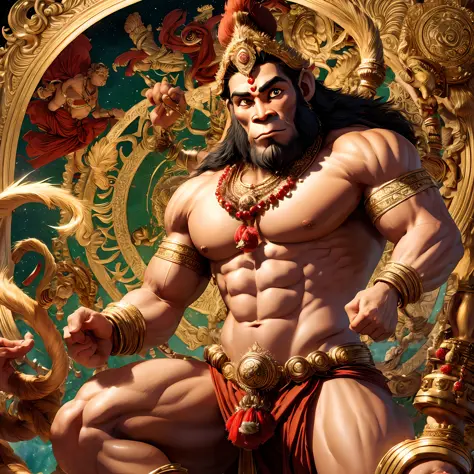 Hanuman, mighty and devoted monkey god, having a unique appearance that combines human and simian features, Hanuman is often depicted as a strong and muscular figure, ell-built physique, He is typically depicted with a reddish or golden complexion, Hanuman...