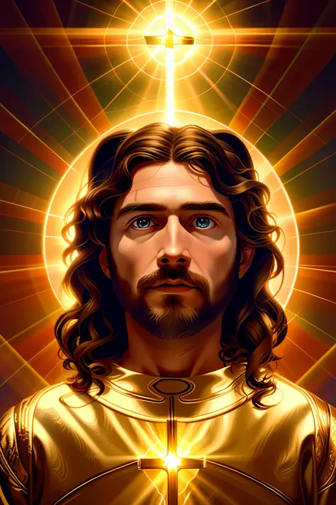 Jesus Christ descending in the clouds 8k realistic image, rays, with perfect face, artwork