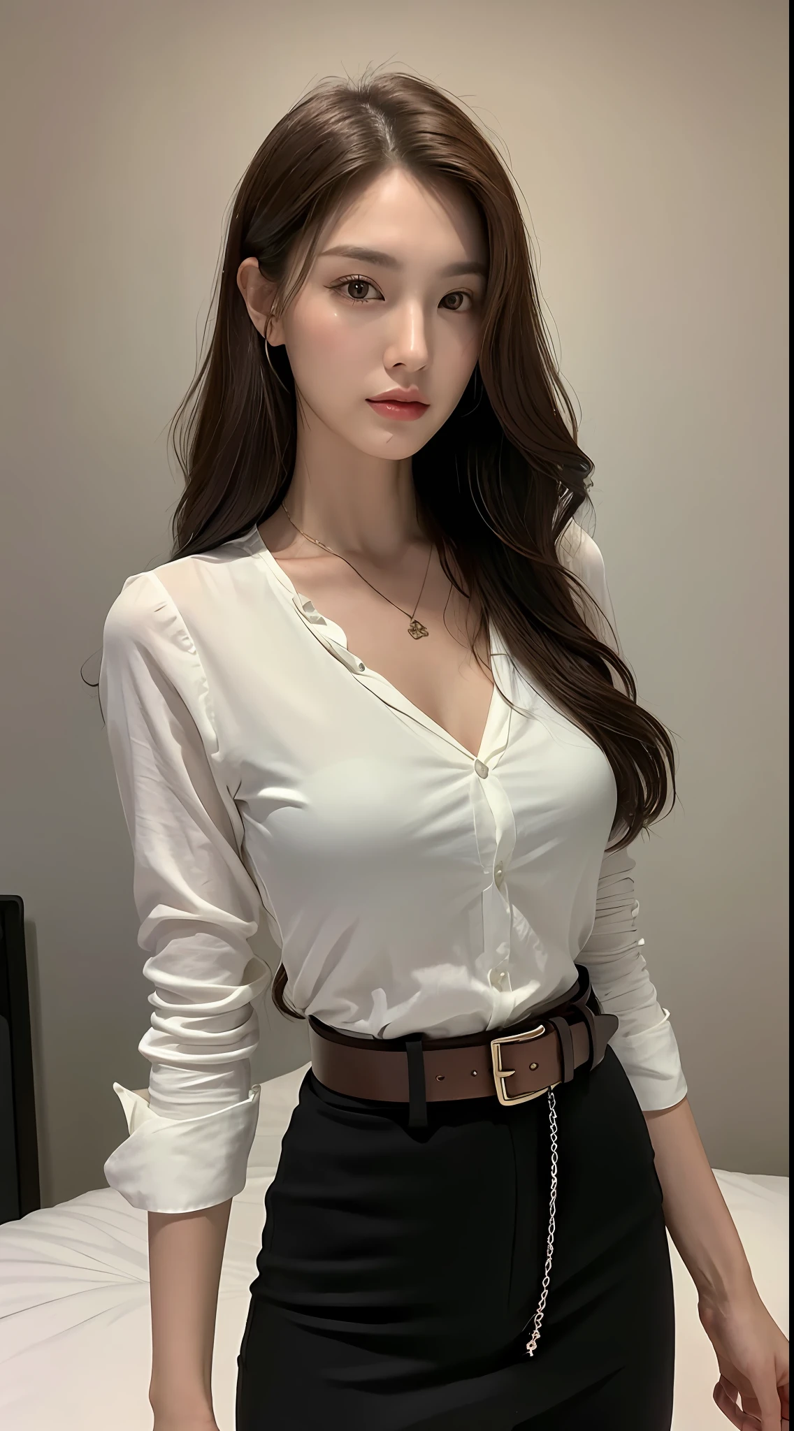 (Best quality, high resolution, masterpiece: 1.3), a tall and beautiful woman, slender abs, dark brown hair in loose wavy styling, breasts, wearing a pendant, white buttoned shirt, belt, black Res Veigna, (background is an interior modern bed), face and skin texture in beautifully presented details, detailed eyes, double eyelids