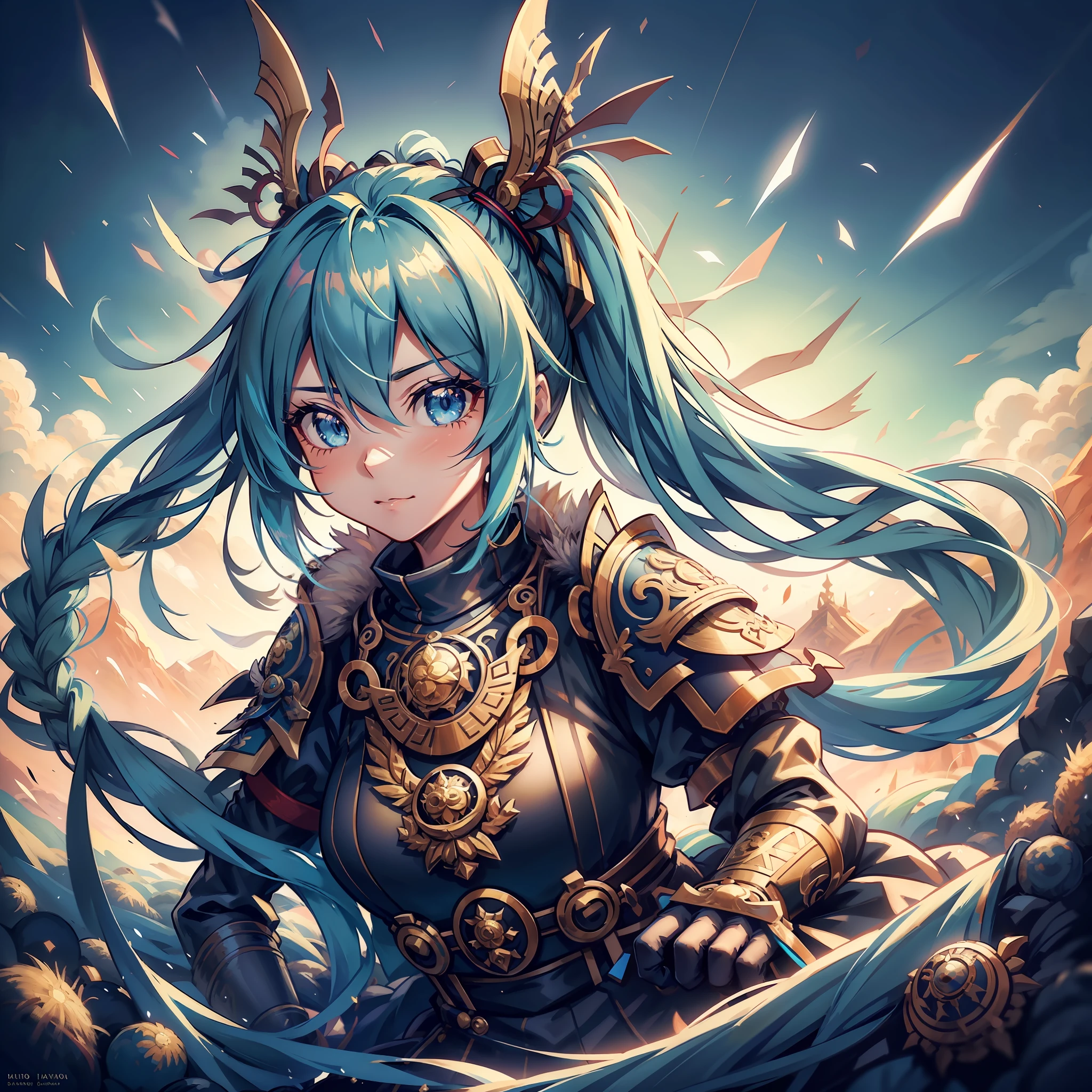 Detailed and aesthetic portrait of "Hatsune Miku" - best quality, ultra-detailed, masterful artwork, floating in a sea of vibrant colors. Wide shot of her in a dynamic pose, emphasized by dramatic illumination and shadow. Her multicolored hair is an eye-catching feature, with blue eyes that exude tremendous charm. She is wearing a stunning outfit that perfectly