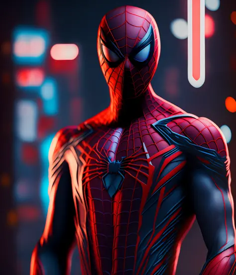 Spider-Man Portrait, (((full body)), Cyberpunk, 8k, (high level of detail: 1.2), dslr, Canon, 85mm, front lighting, photorealistic
