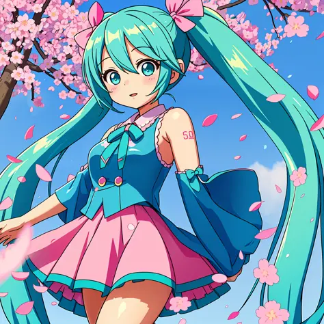 an adorable and cute anime-style hatsune miku with blue-green twintails, her signature outfit with a pink ribbon, dynamic and en...