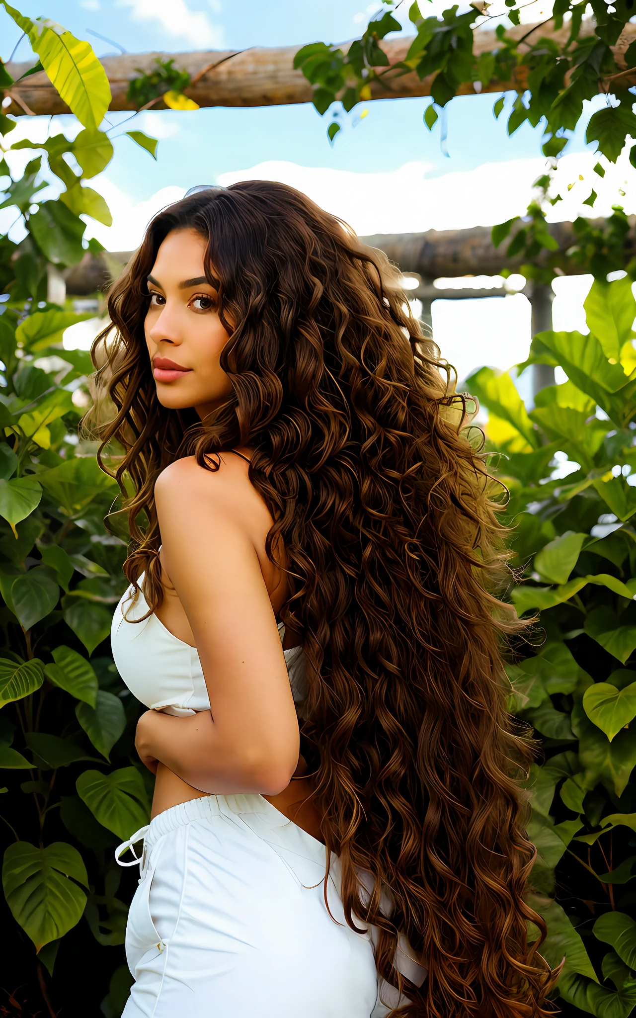 Araffed woman with long curly hair standing in front of a bush - SeaArt AI