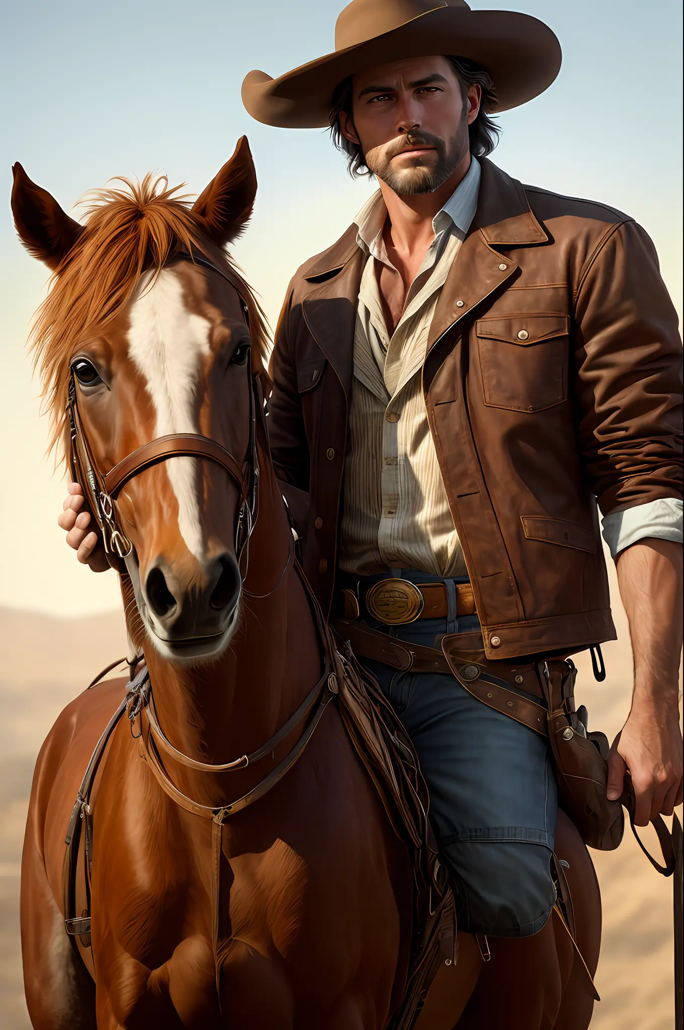 A handsome man with a naked torso rides a horse and exudes confidence, a cowboy hat pulled over his eyes. Wild West with a touch of modern style. The illustrative style draws inspiration from the bold and vibrant works of Charles Marion Russell, known for ...