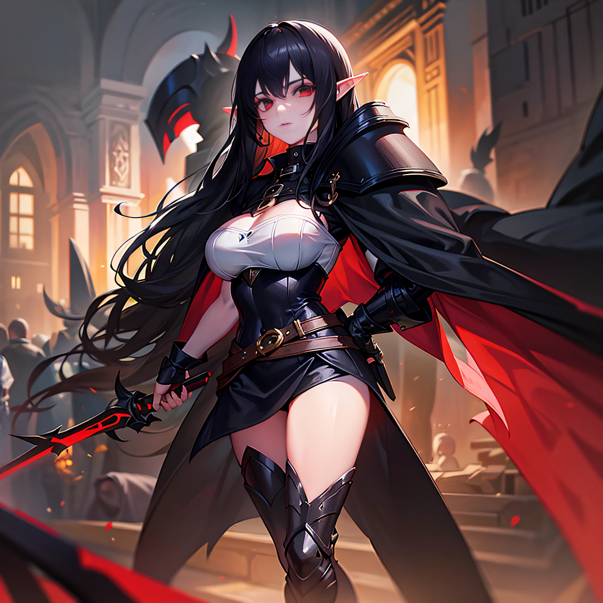 Medieval Elf Girl warrior with long black hair, black armor, black cape, black shield, red sword