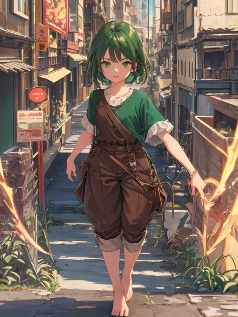 solo, girl, 8 years, (running, bag), ((simple brown dress, short sleeve, simple brown pants, barefoot, bracelet)), ((detailed little dirty face, detailed short emerald green hair, detailed beautiful green eyes, detailed light skin, realistic skin, detailed...