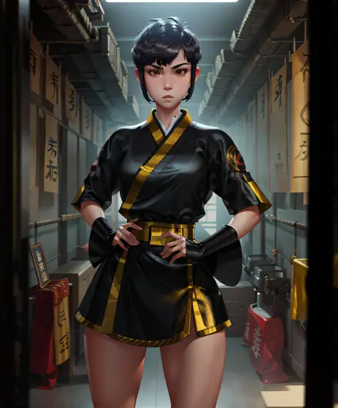 masterpiece, high quality, sharp focus, a martial artist girl, wearing kung fu attire, short black hair, tomboy buzz haircut, pe...