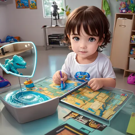 alaf image of a boy looking at toy dinosaur with magnifying glass, kids playing slime monsters, kids, 4 d, 4d, magnifying glass,...