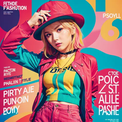 1girl, sfw, hat, shorts, jacket, (magazine cover style illustration, a stylish woman in vibrant outfit posing in front of colorf...