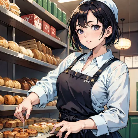 Japanese style anime character, woman working in a bakery, short hair, --auto --s2
