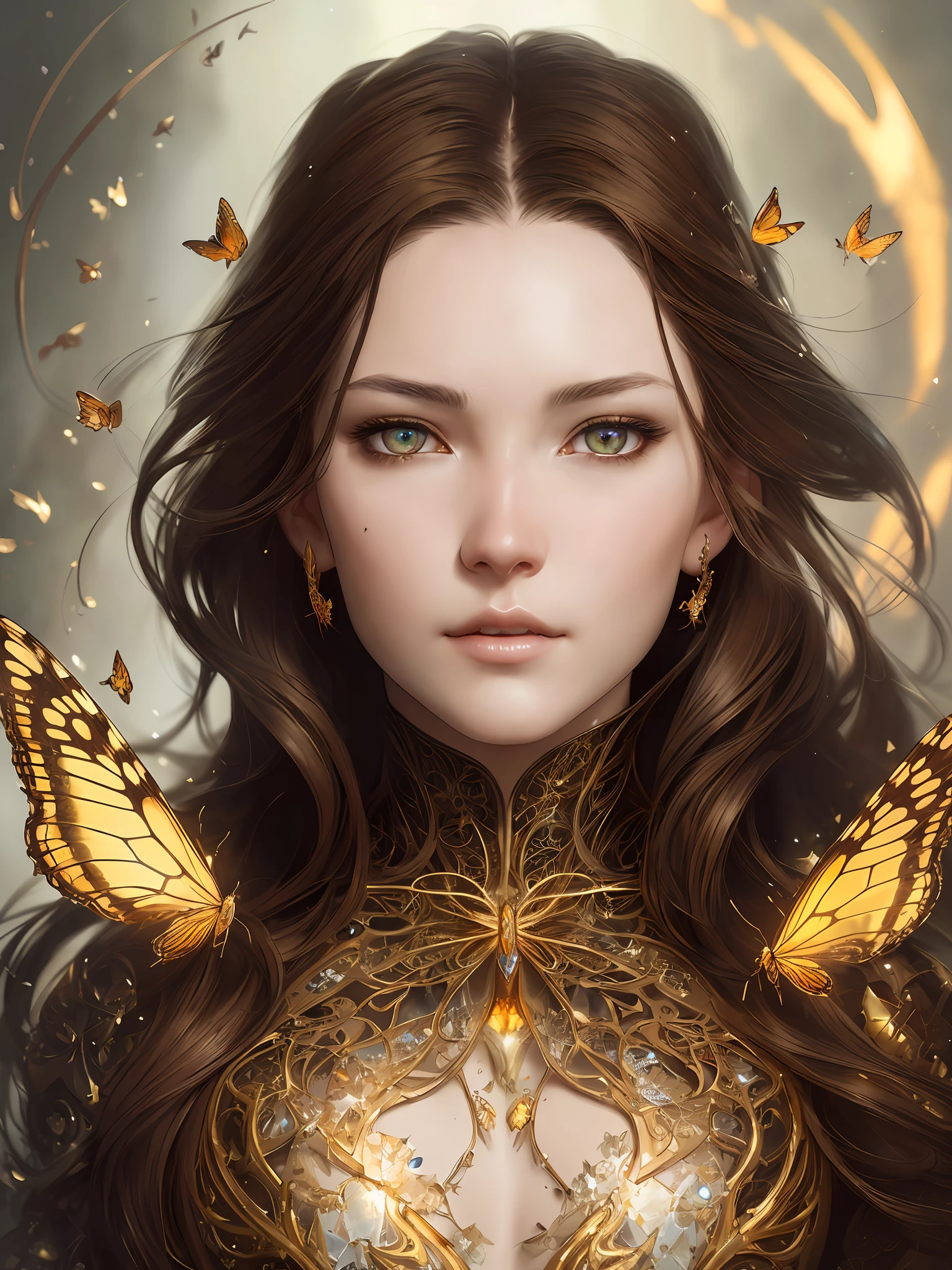 8k portrait of beautiful cyborg with brown hair, intricate, elegant, highly detailed, majestic, digital photography, art by artgerm and ruan jia and greg rutkowski surreal painting gold butterfly filigree, broken glass, (masterpiece, sidelighting, finely detailed beautiful eyes:1.2),  hdr,