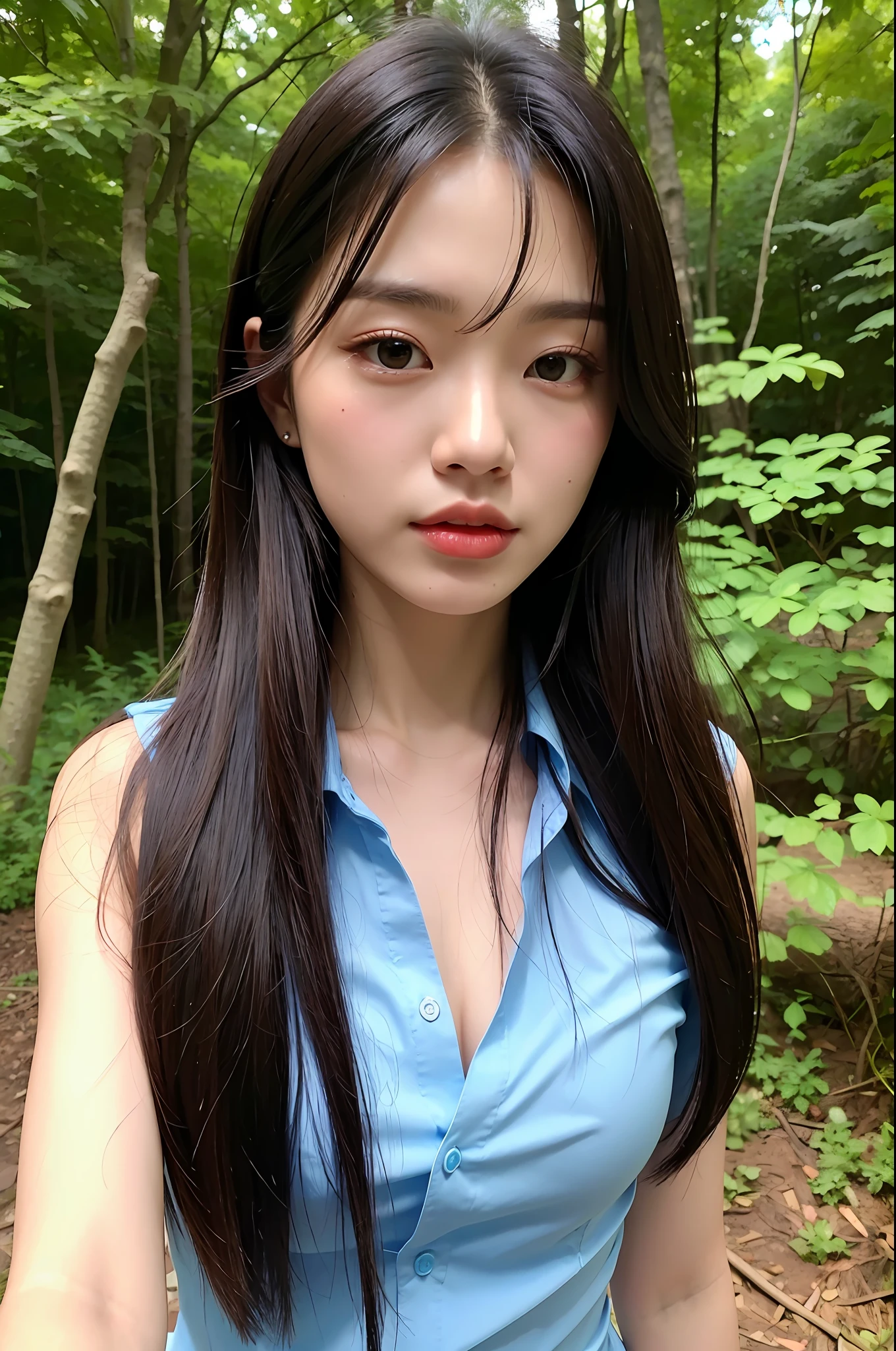 (Best Quality, Masterpiece: 1.2), Woman, Portrait, Translucent Open Collar Blue Shirt (Chestless), Translucent Black Tong, Mullet Head, Long Black Hair, Brown Eyes, Full Body, Outdoor, In the Woods