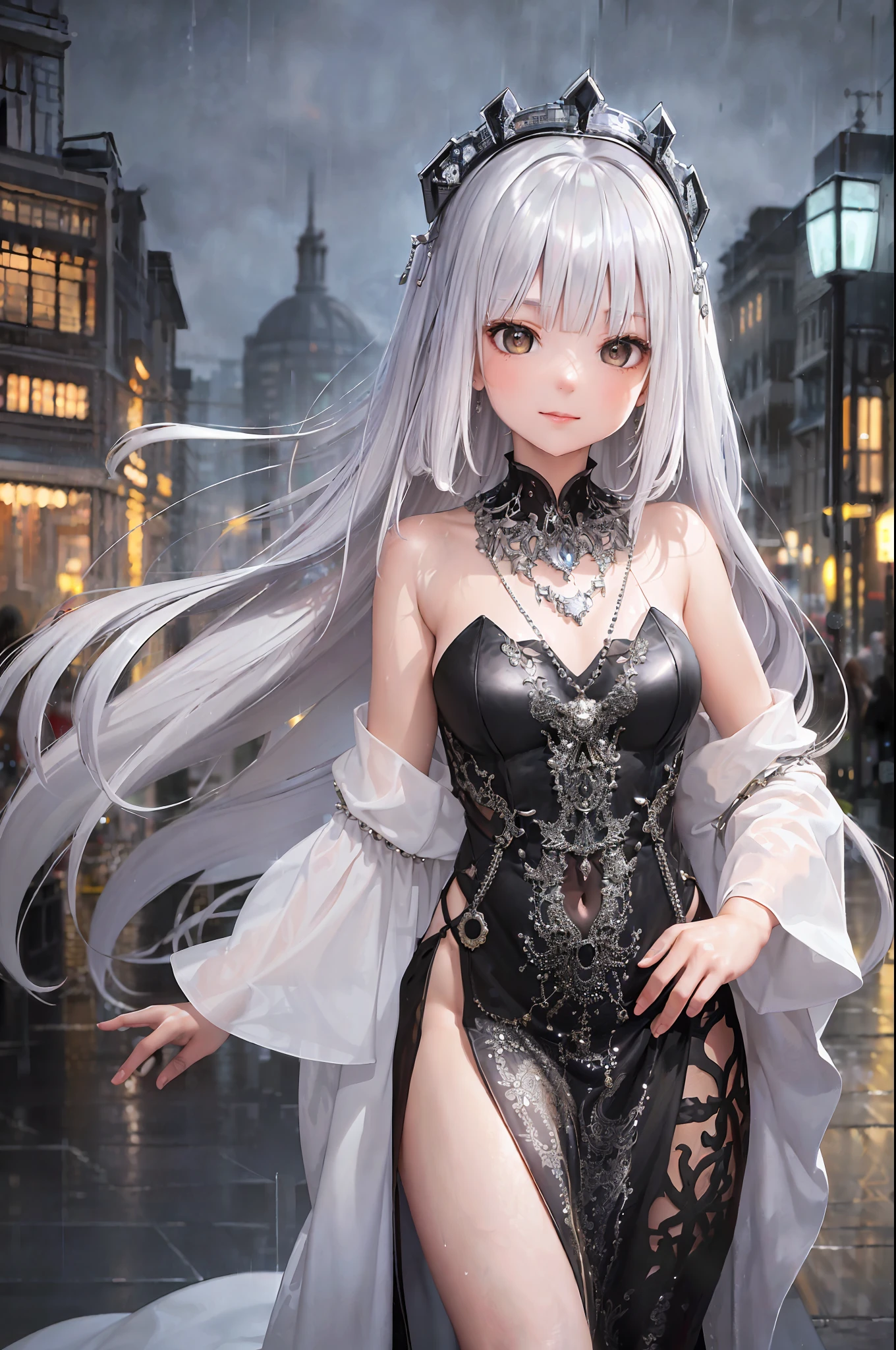 (8k, best quality, masterpiece: 1.2), one girl, headdress, portrait, (long loose silver exposed dress: 1.1), necklace, cute, cityscape, night, rain, wet, photon mapping, radiosity, physics-based rendering, (intricate details, taut clothes, hair ornaments: 1.2), silver hair