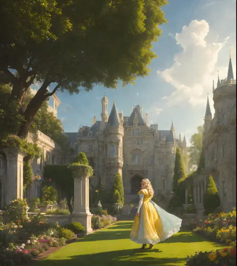 (cinematic photo:1.3) of (masterpiece:1.3) a portrait of a (belle) princess woman beautiful, dress crystal crystallized yellow p...