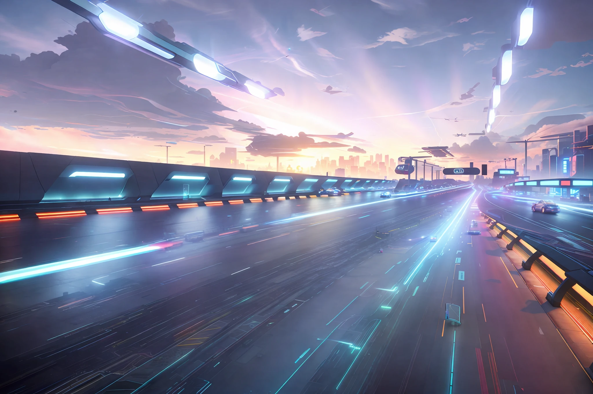Colorful futuristic city runway, lights on both sides of the road hitting the ground, dynamic clouds in the distance, sunrise and morning light. Justin Maller's overall tone is lighthearted and whimsical